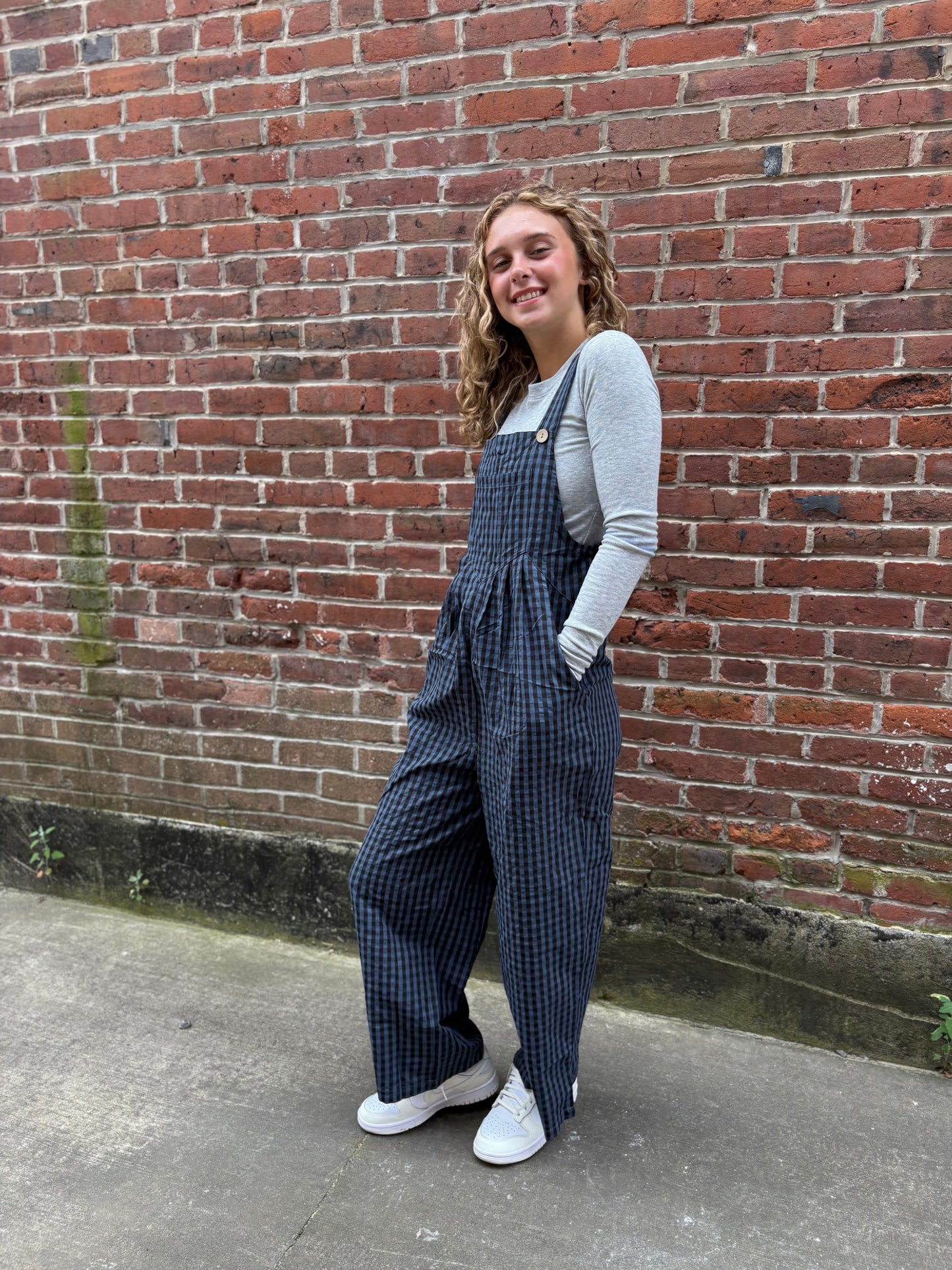Blue Plaid Buttoned High Waist Overall