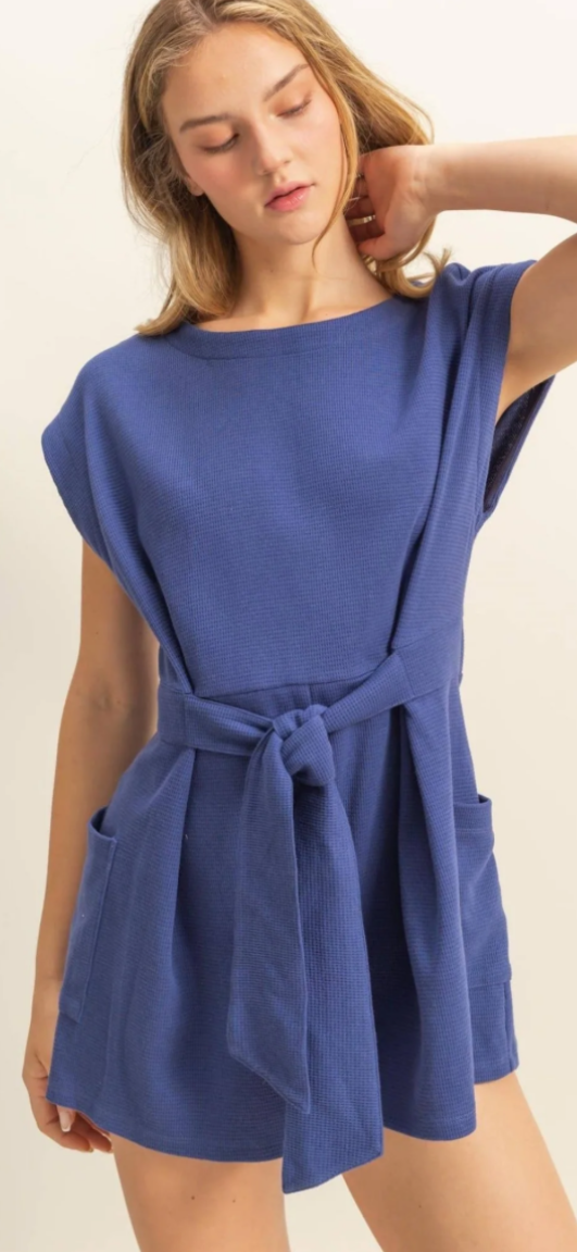 Tie-front waffle knit romper