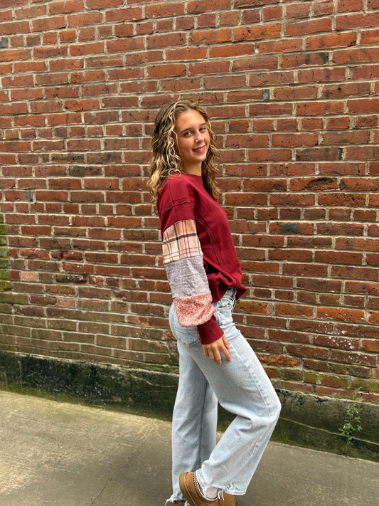 Plaid Colorblock Patchwork Sleeve Raw Seam Sweatshirt