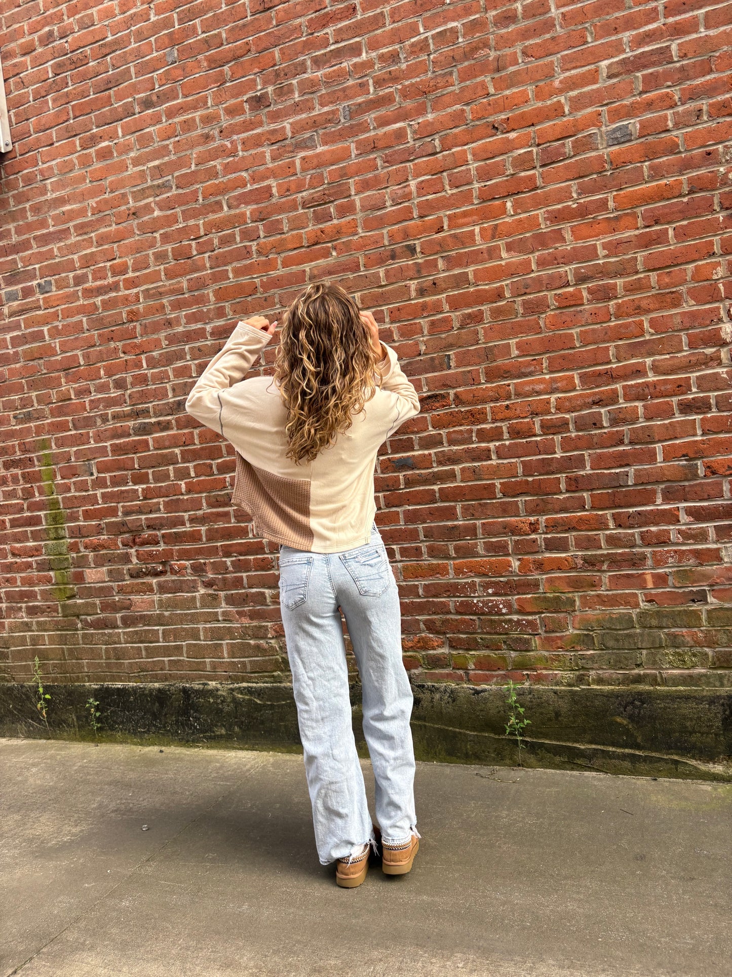 Color Block Waffle Knit Stitch Detail Long Sleeve Top