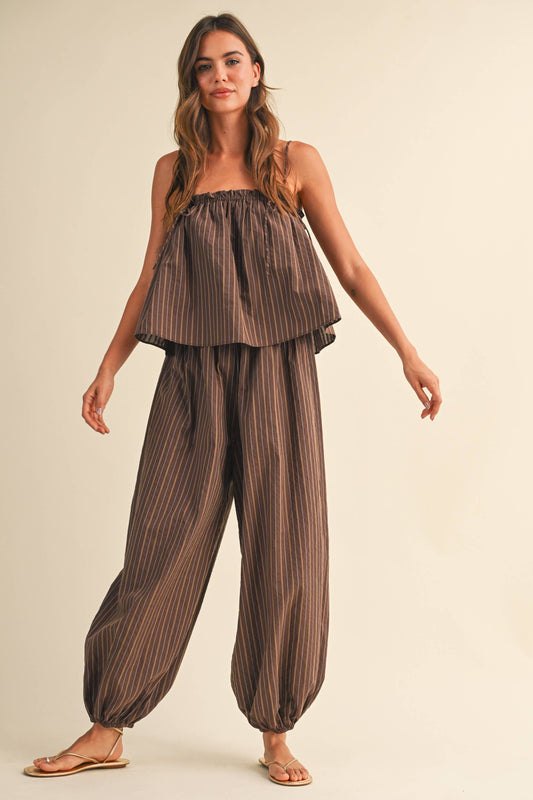 STRIPED SLEEVELESS FLOWY TOP BALLOON PANT JUMPSUIT