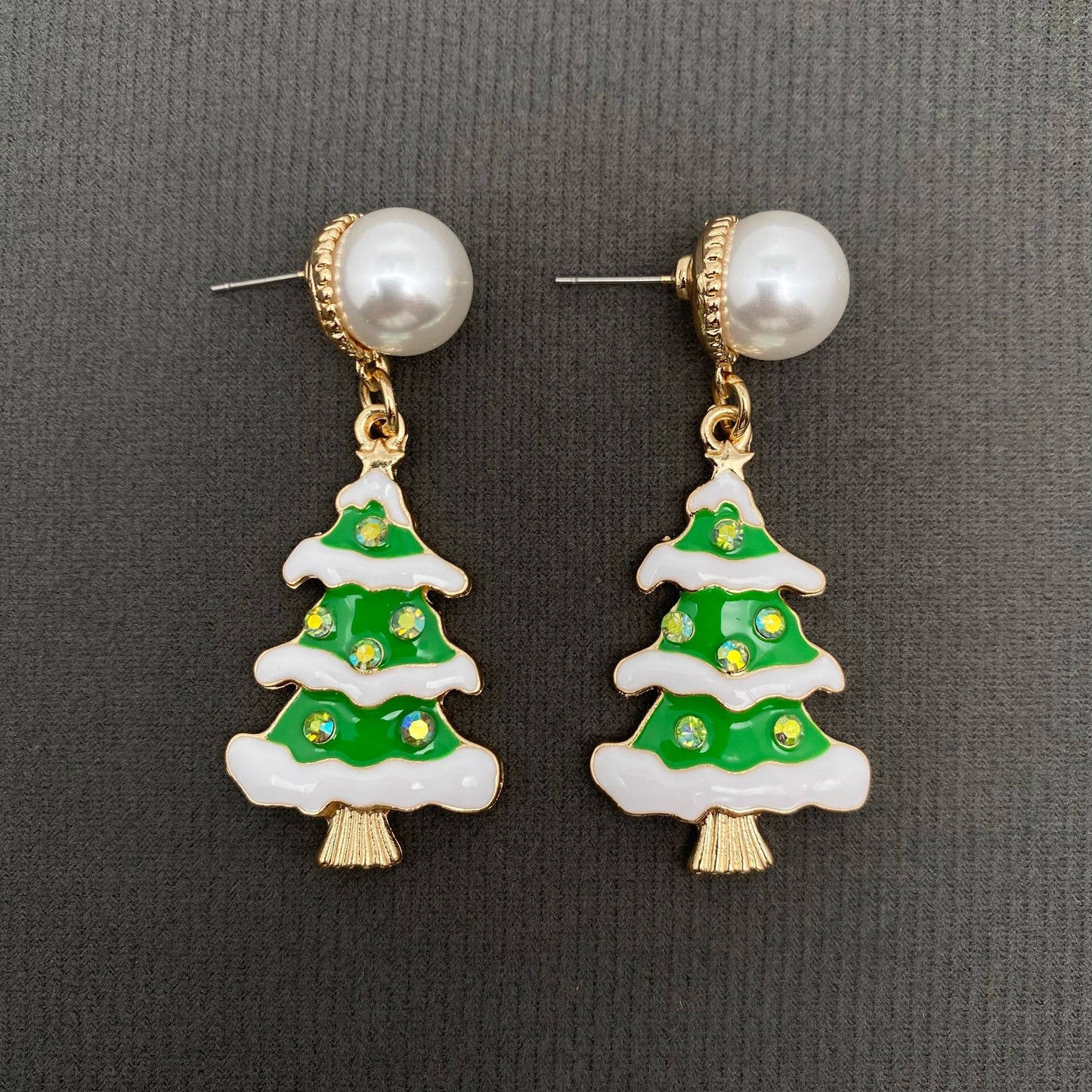Enamel Christmas Tree Pearl Post Earrings