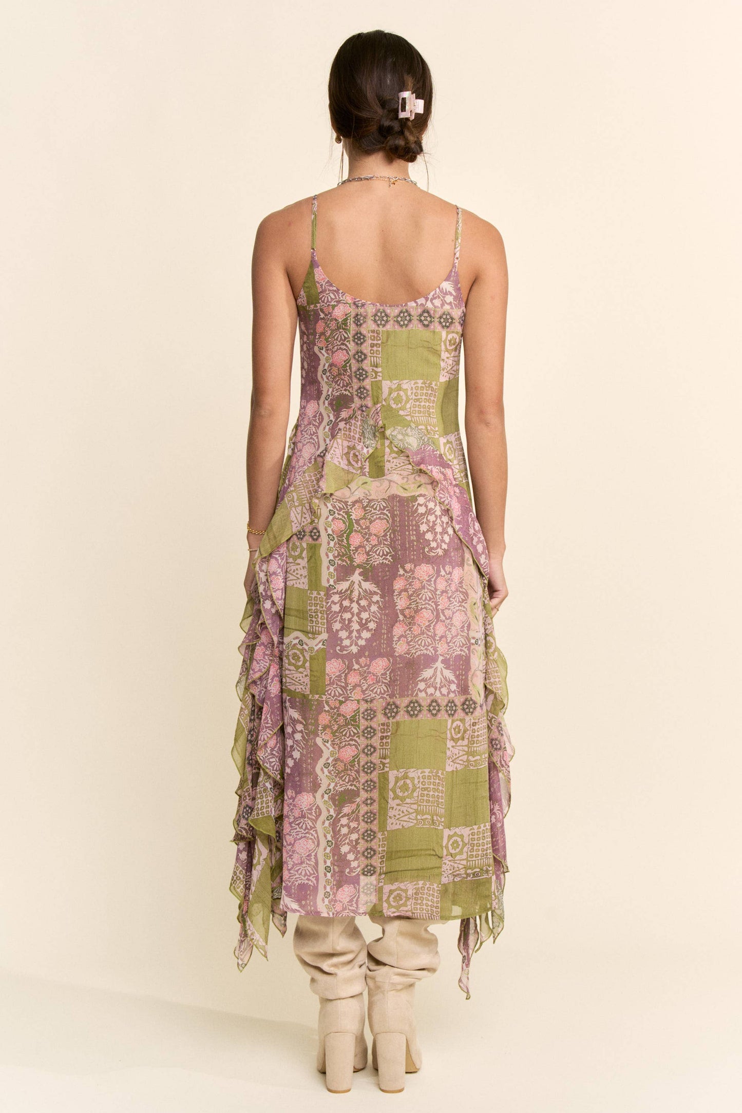 BOHO PRINTED CHIFFON RUFFLE AND LACE DETAIL DRESS