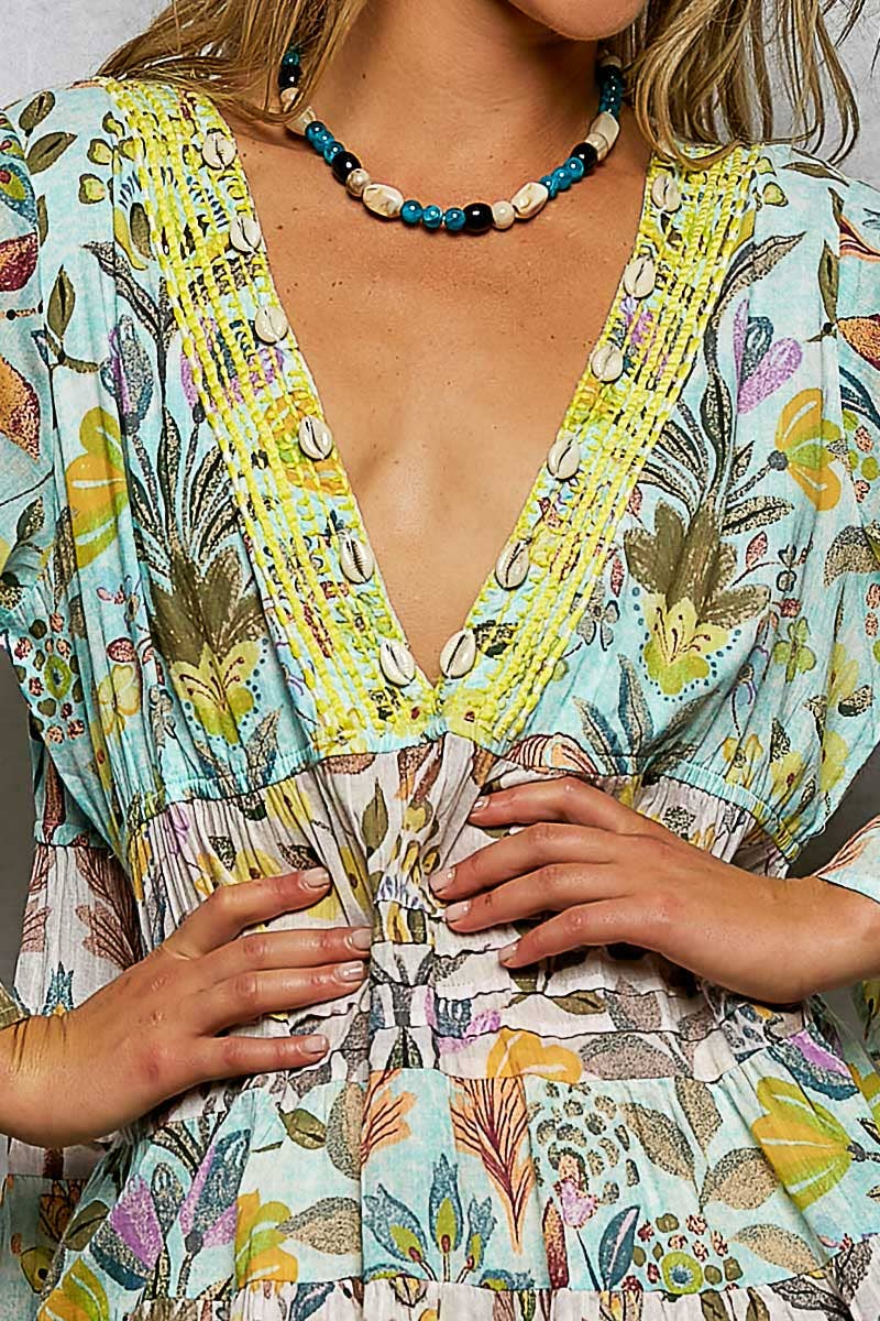 3/4 Sleeve V-neck Seashell Shape Printed Woven Dress