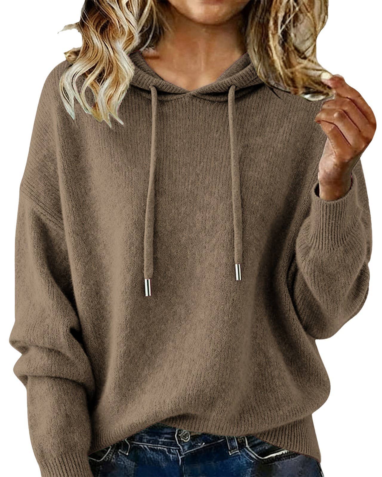 Cozy Solid Drawstring Hooded Knit Sweater