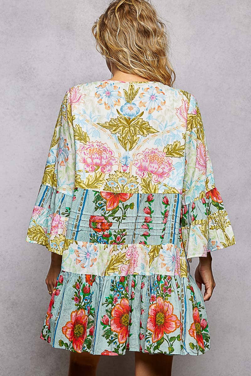 3/4 Sleeve V-neck Seashell Shape Printed Woven Dress