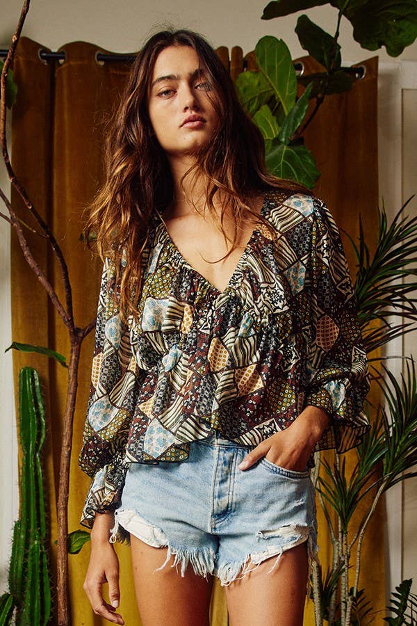 T1831B | [OUTLET SALE] Patchwork Print Sheer Flowy Top