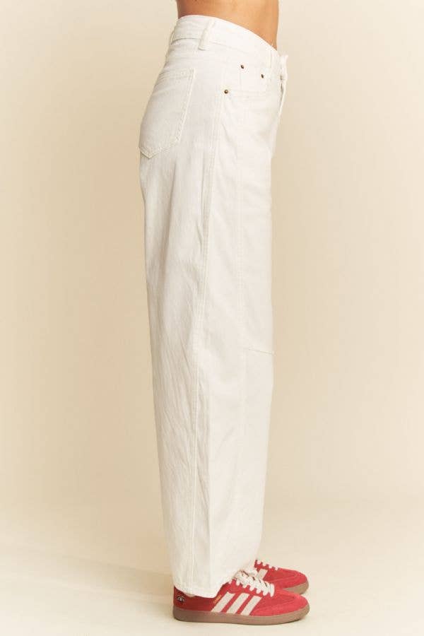 FRONT SEAM RAW HEM WIDE BARREL DENIM PANTS