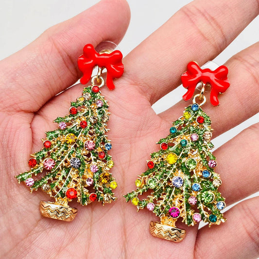 Christmas Tree Rhinestone Red Bow Post Earrings