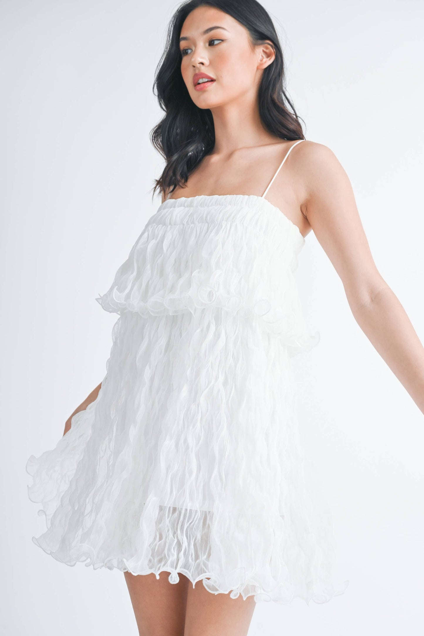 PLEATED TULLE RUFFLED TIERED MINI DRESS