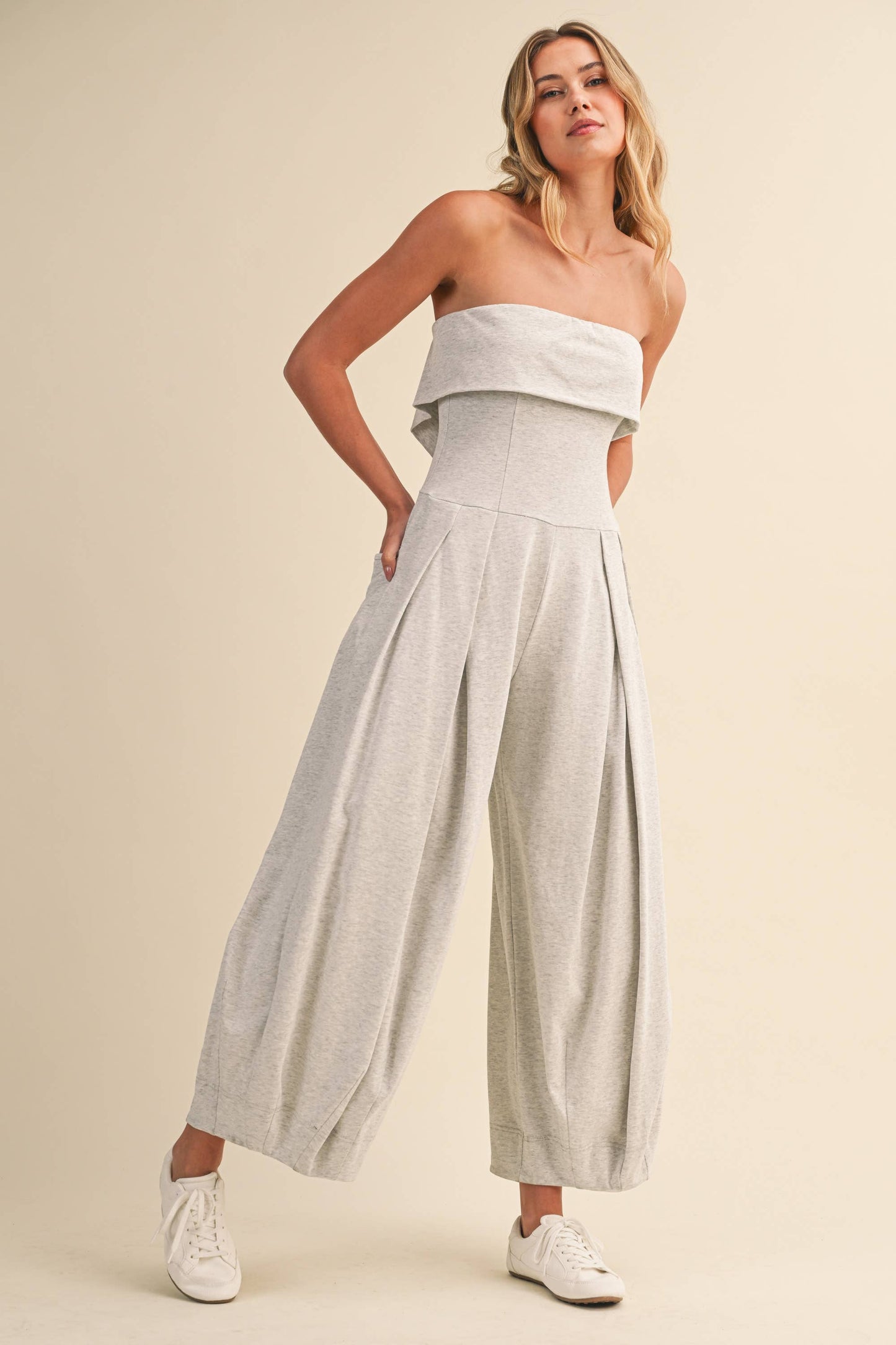 FOLDOVER STRAPLESS SMOCKED BACK PLEATED BARREL JUMPSUIT