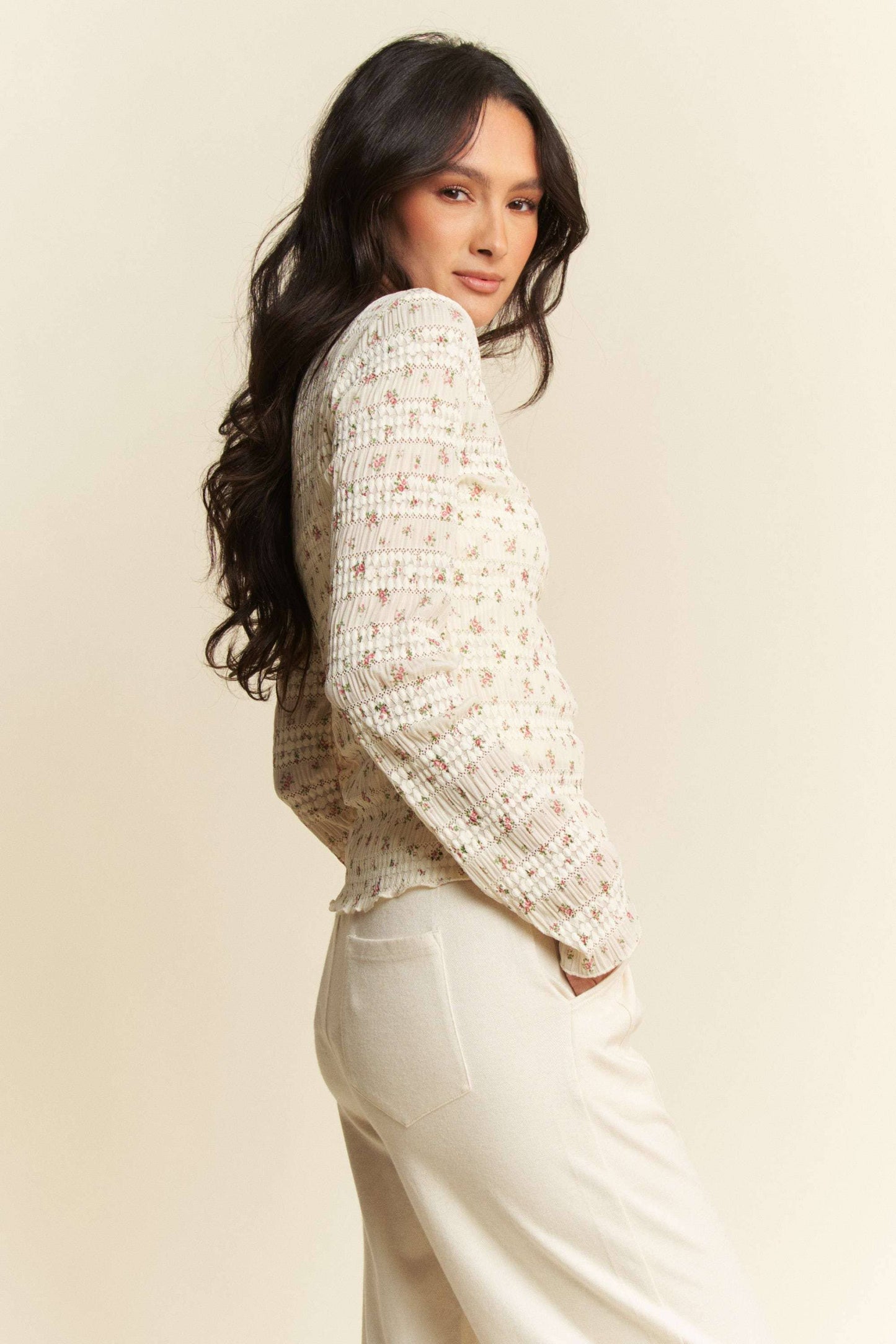 FLORAL PRINT MOCK NECK LONG SLEEVES KNIT TOP