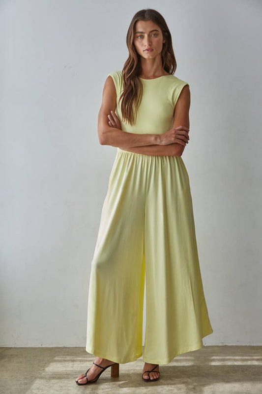 Knit Polyester Spandex Open Back Wide Leg Jumpsuit