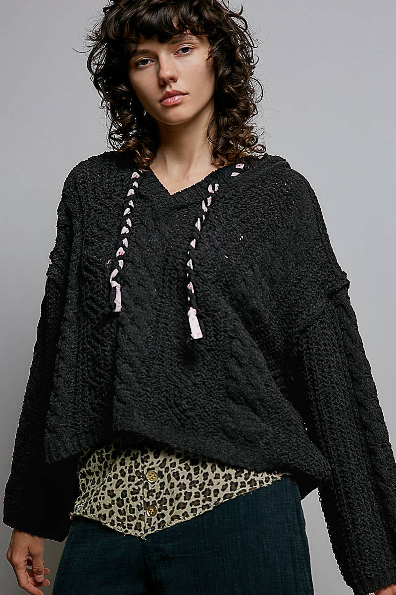 Oversized hooded cable knit chenille sweater