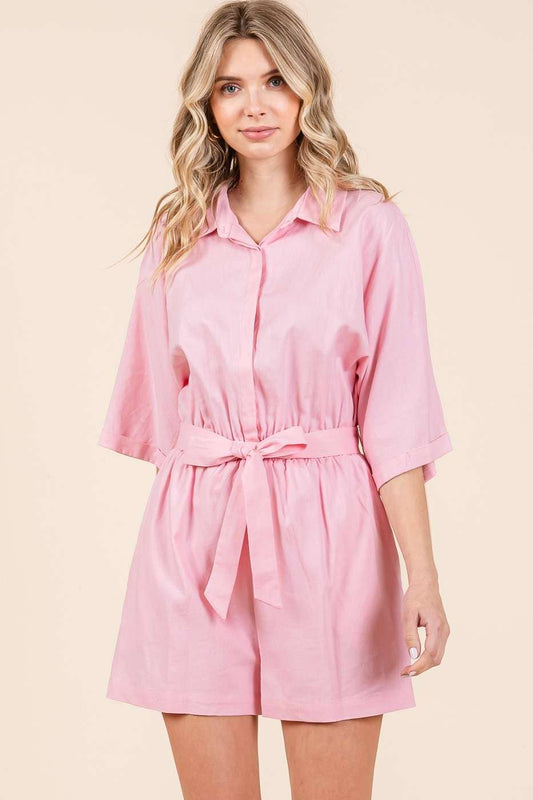 LINEN TIE BELT BUTTON DOWN COLLARED ROMPER