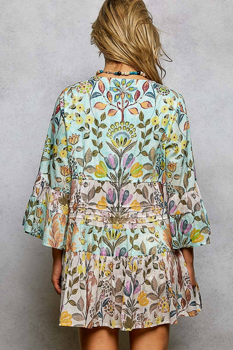 3/4 Sleeve V-neck Seashell Shape Printed Woven Dress
