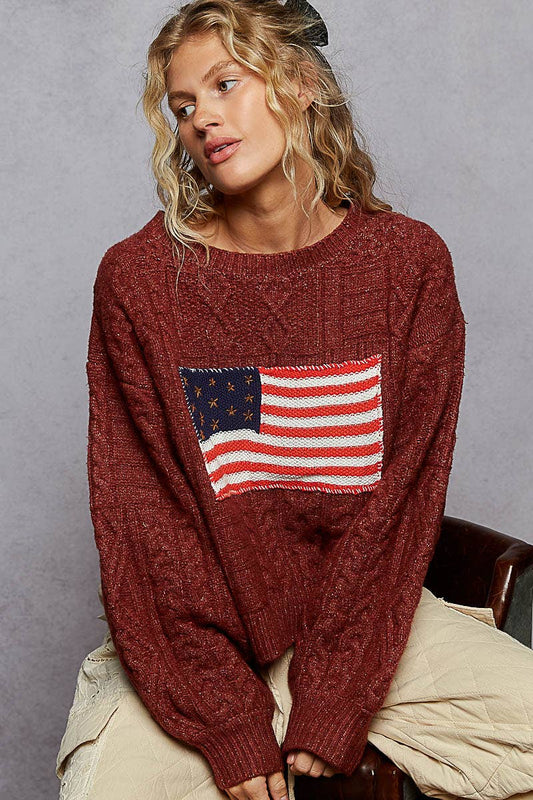 Long sleeve USA flag contrast stitch detail sweater knit top