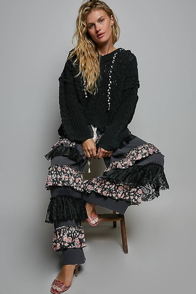 Oversized hooded cable knit chenille sweater