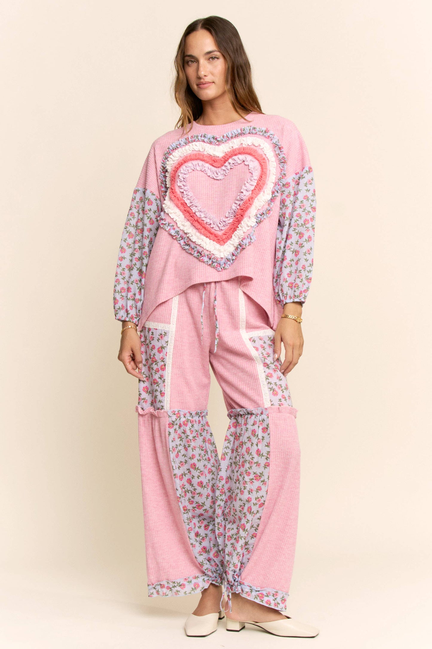 RUFFLE LAYERED HEART PATCH WORK TOP