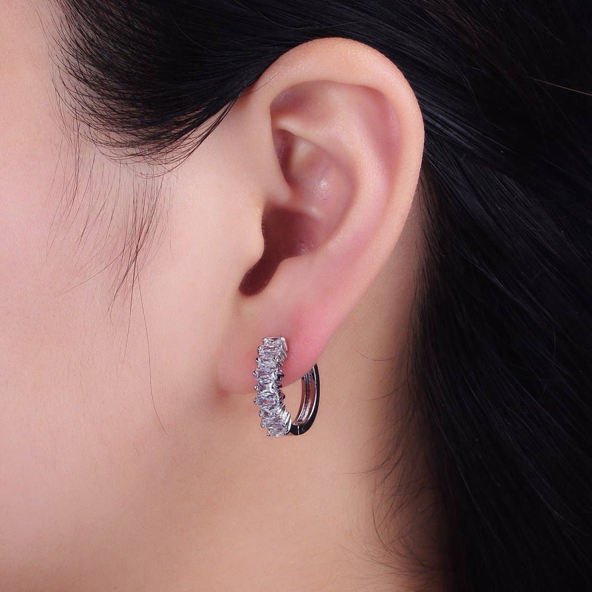 16K Gold Filled Clear Baguette CZ Lined 19mm Hoop Earrings | AB1459 AB1460