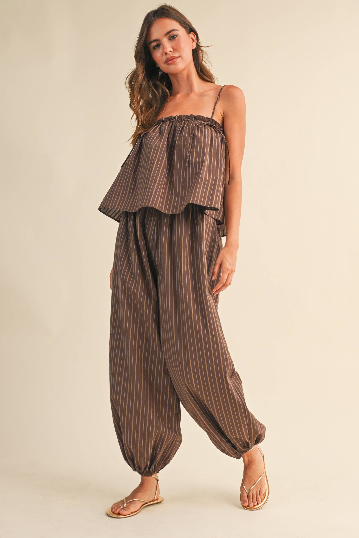 STRIPED SLEEVELESS FLOWY TOP BALLOON PANT JUMPSUIT