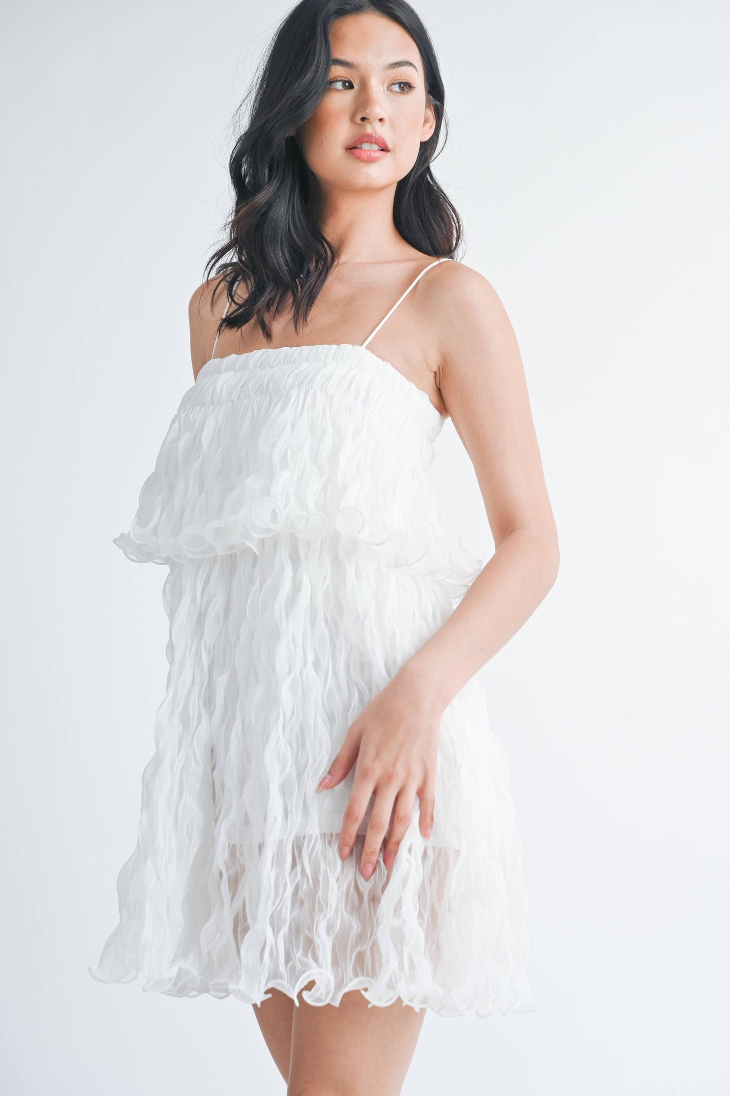 PLEATED TULLE RUFFLED TIERED MINI DRESS