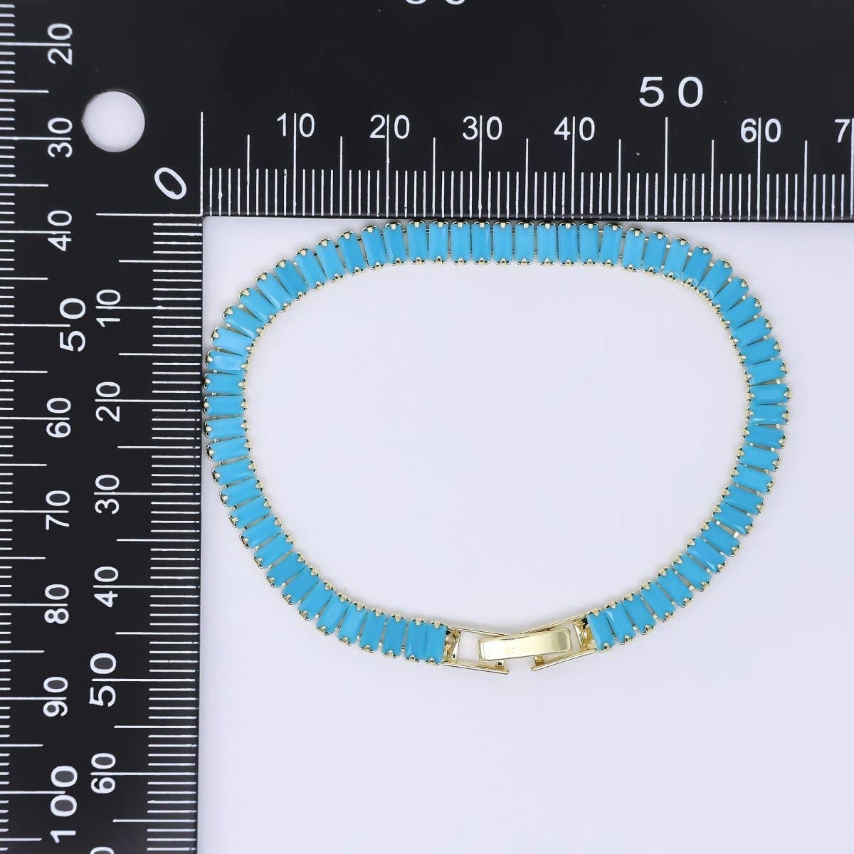 24K Gold Filled 5mm Blue Turquoise Baguette 7 Inches Tennis Chain Bracelet | WA-3823