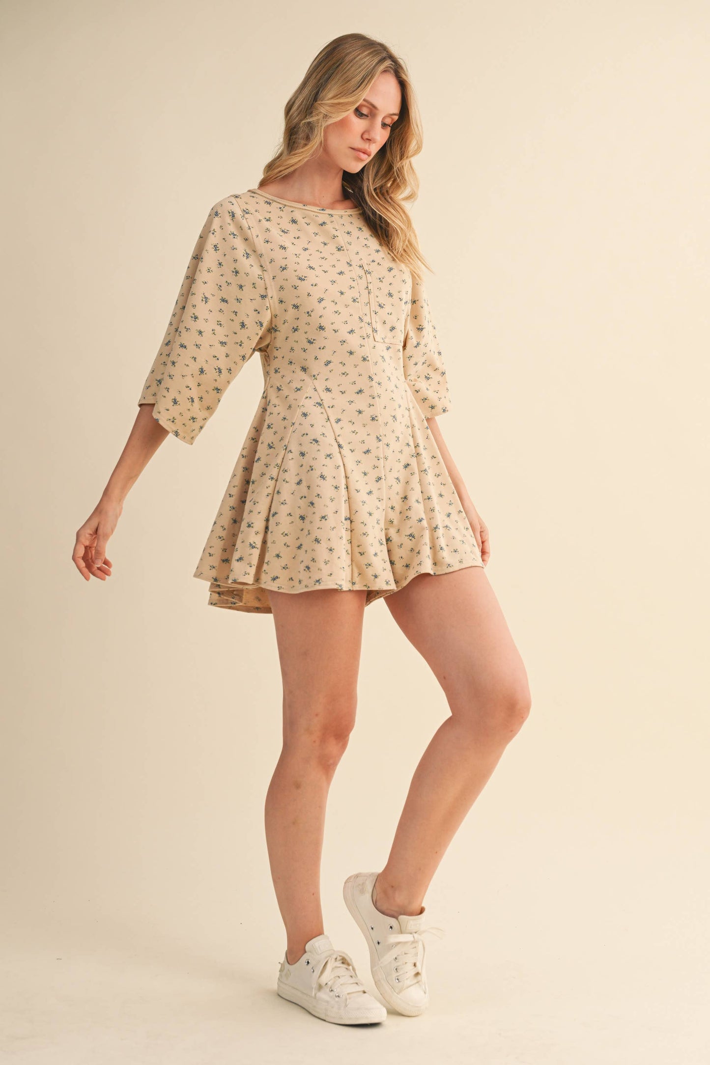 FLORAL FRONT POCKET GODET FLOWY ROMPER