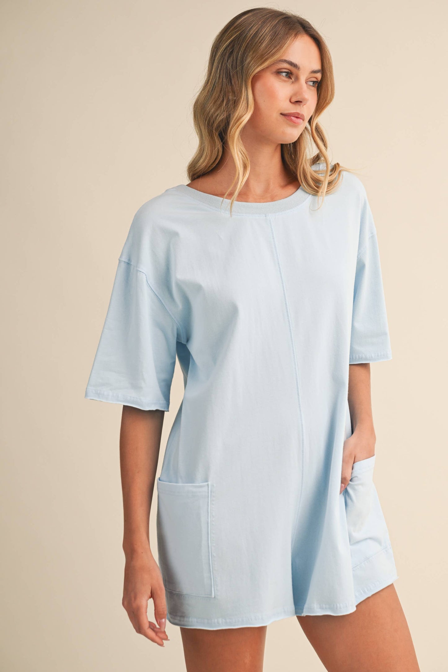 SHORT SLEEVE RELAXED FIT FRONT POCKETED ROMPER