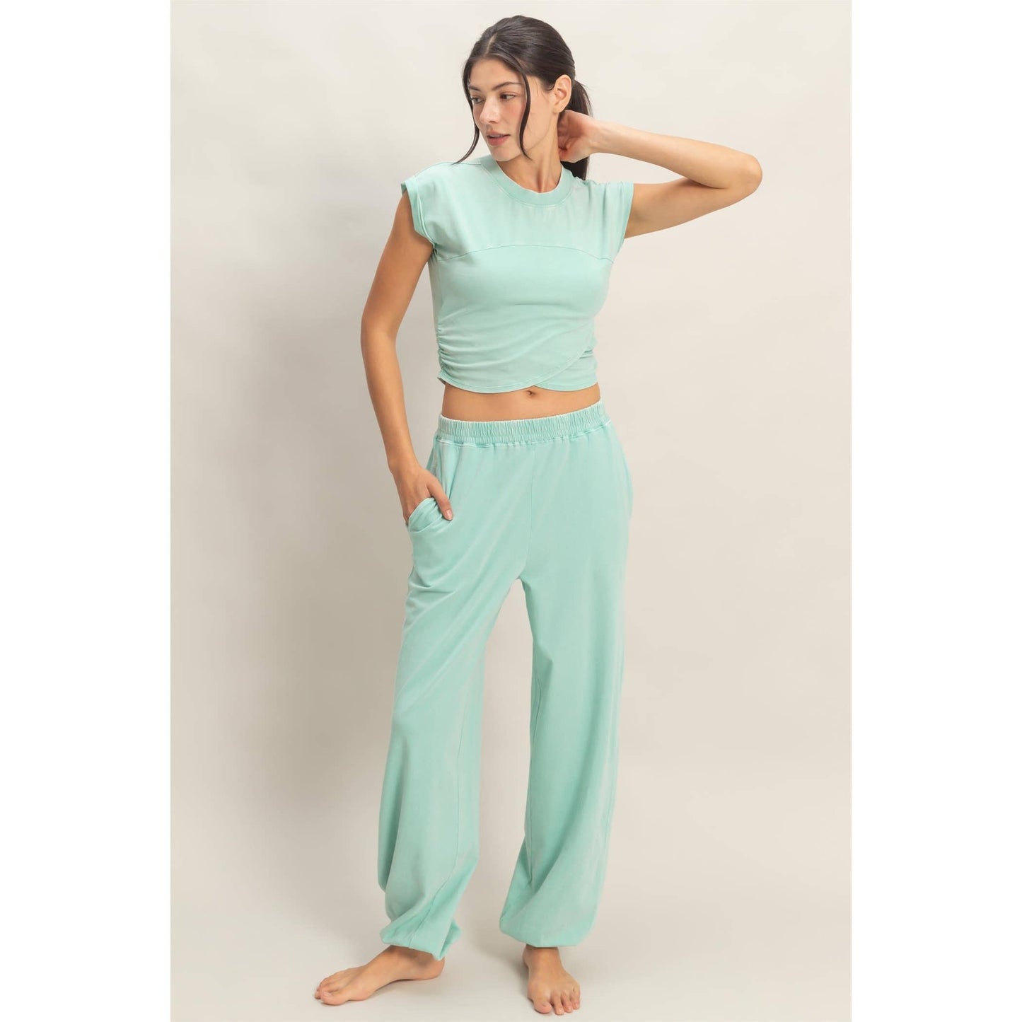 Rolled Sleeve Wrap-Front Crop Top And Jogger Set