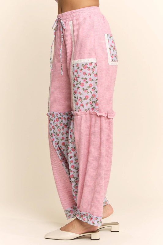 WAFFLE KNIT FLOWER PRINT LACE ELASTIC WAIST PANT
