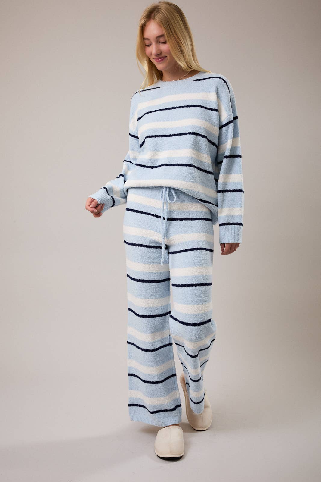 LONG SLEEVE STRIPE SWEATER TOP WITH WIDE LEG SWEATER PANTS