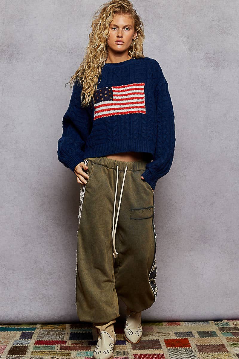 Long sleeve USA flag contrast stitch detail sweater knit top