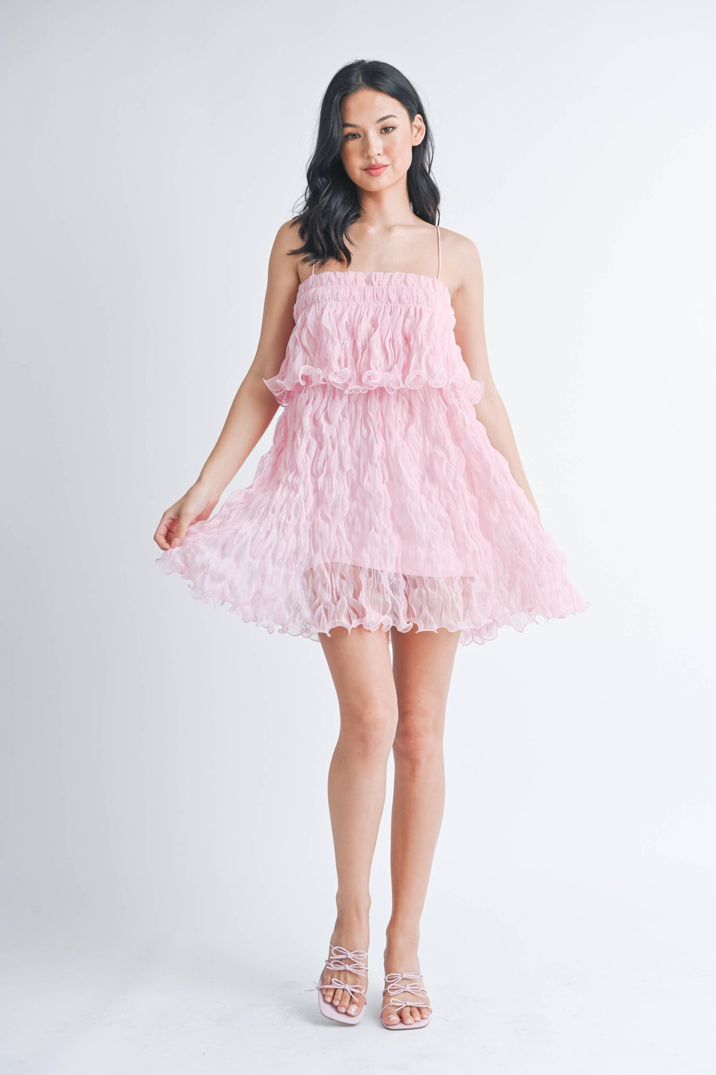 PLEATED TULLE RUFFLED TIERED MINI DRESS
