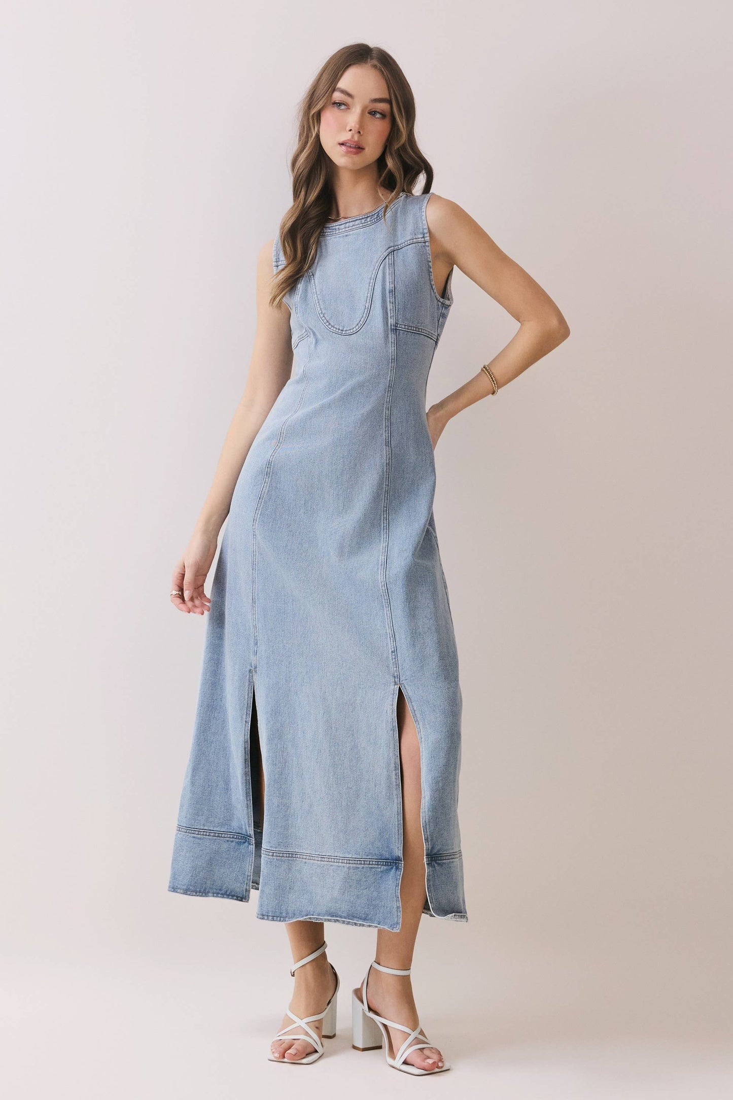 Sleeveless Paneled Front Slit Detail Denim Mid Dress