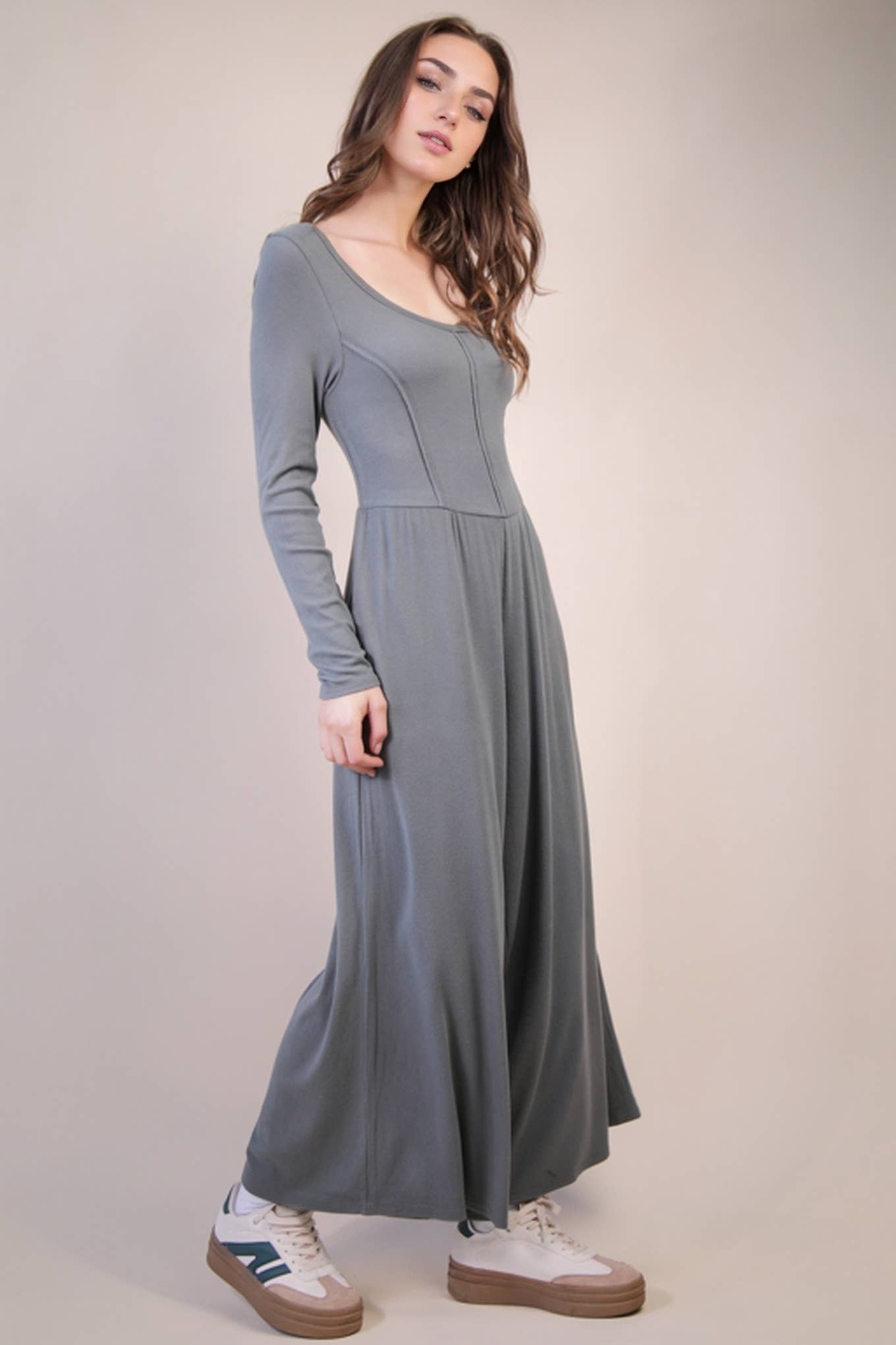 NP70910-Wide Leg Solid Knit Casual Jumpsuit