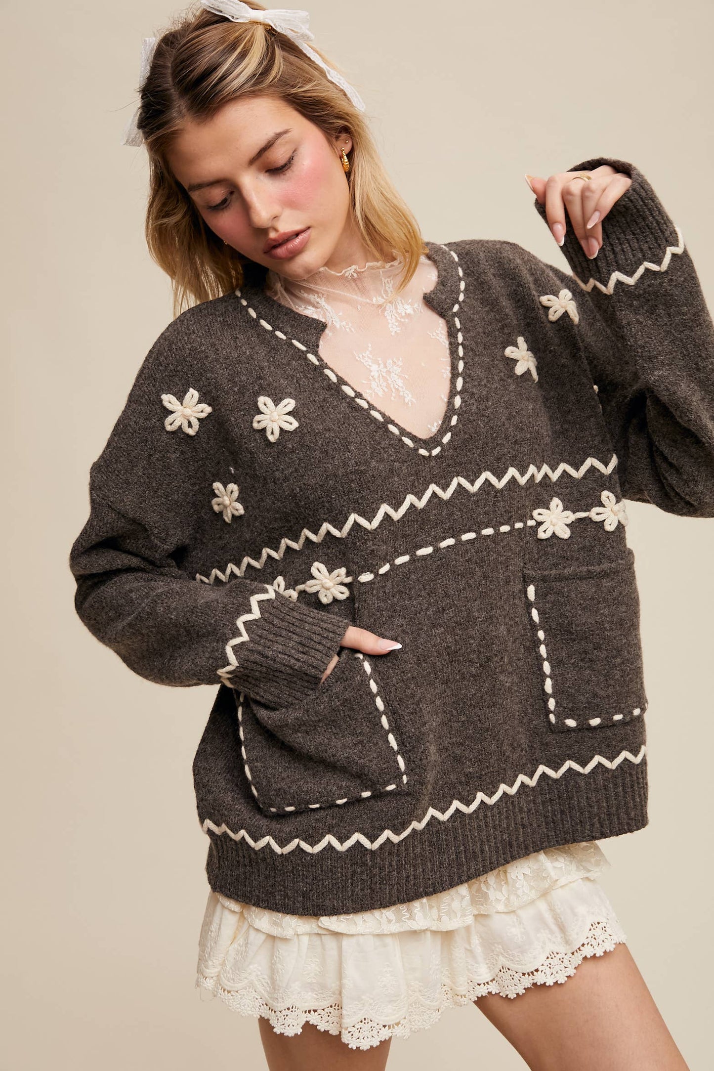 Floral Embroidered Knit Sweater LSW0978
