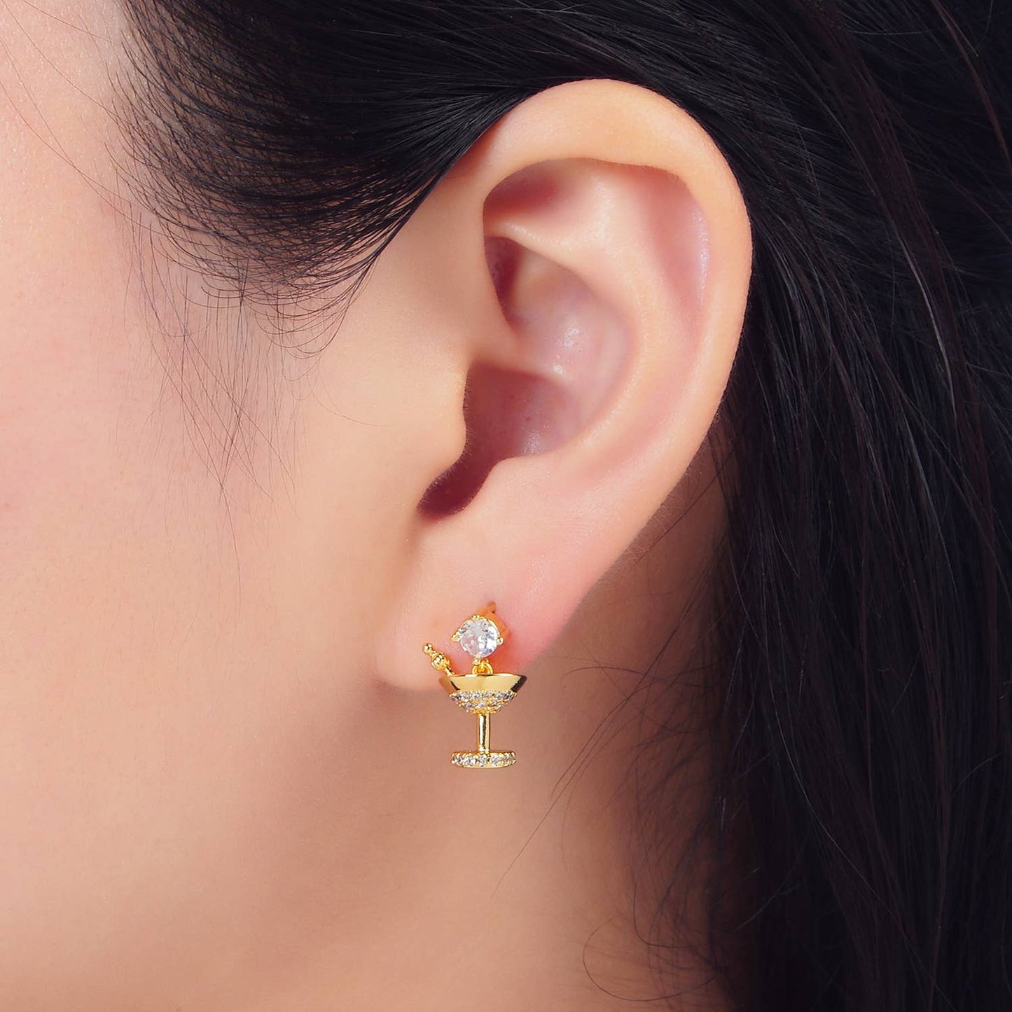 24K Gold Filled CZ Paved Martini Alcohol Drink Studs | AD728