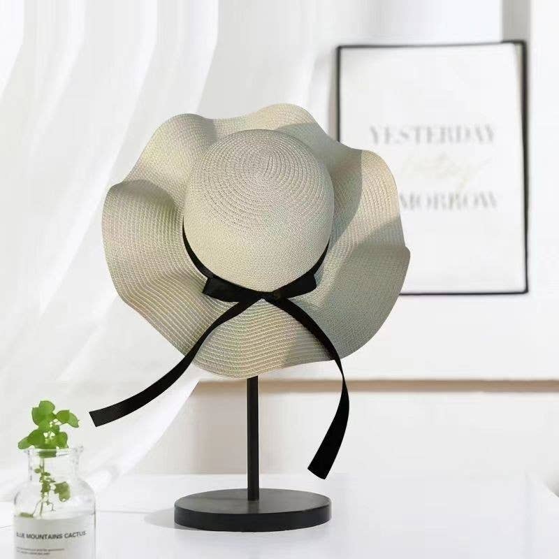 Summer Bow Ribbon Wide Brim Wave Straw Hat