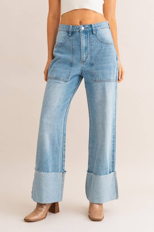 High waisted wide leg cuffed jeans