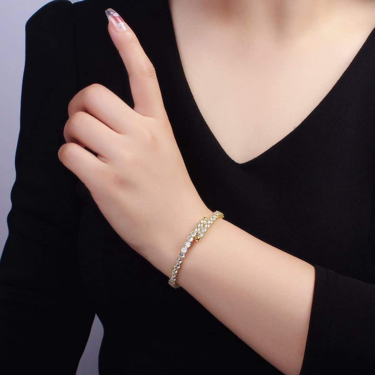 24K Gold Filled Clear CZ Tennis Chain Bangle Cuff Bracelet | WA-2535