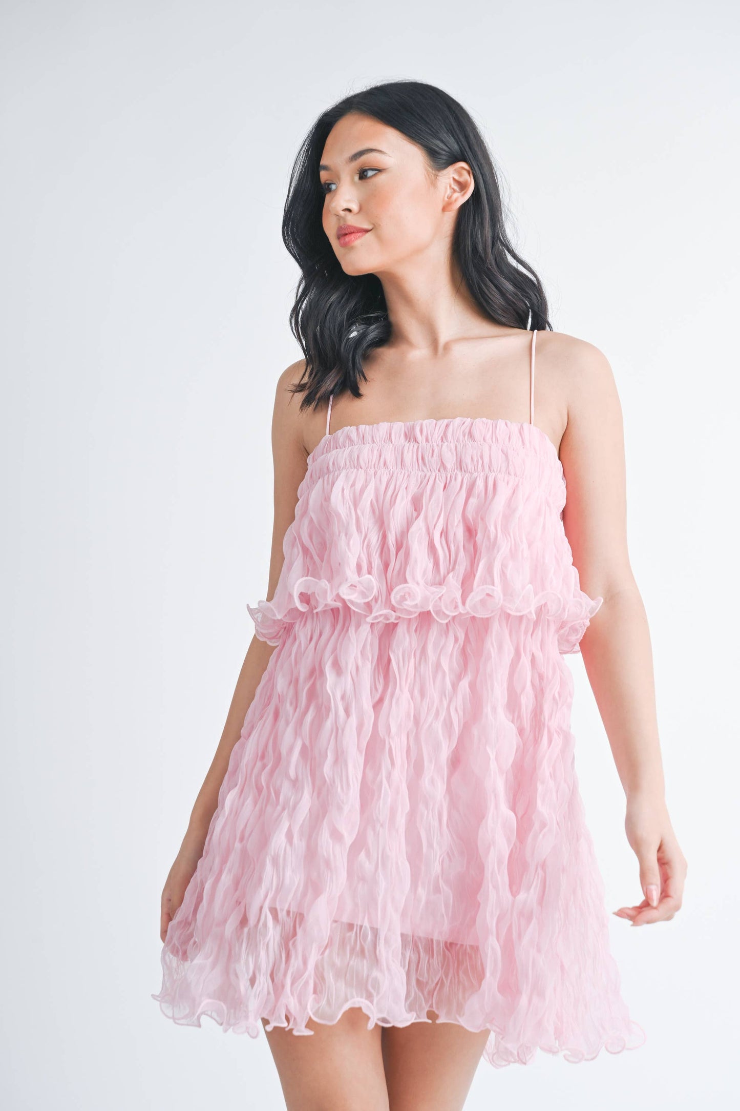 PLEATED TULLE RUFFLED TIERED MINI DRESS