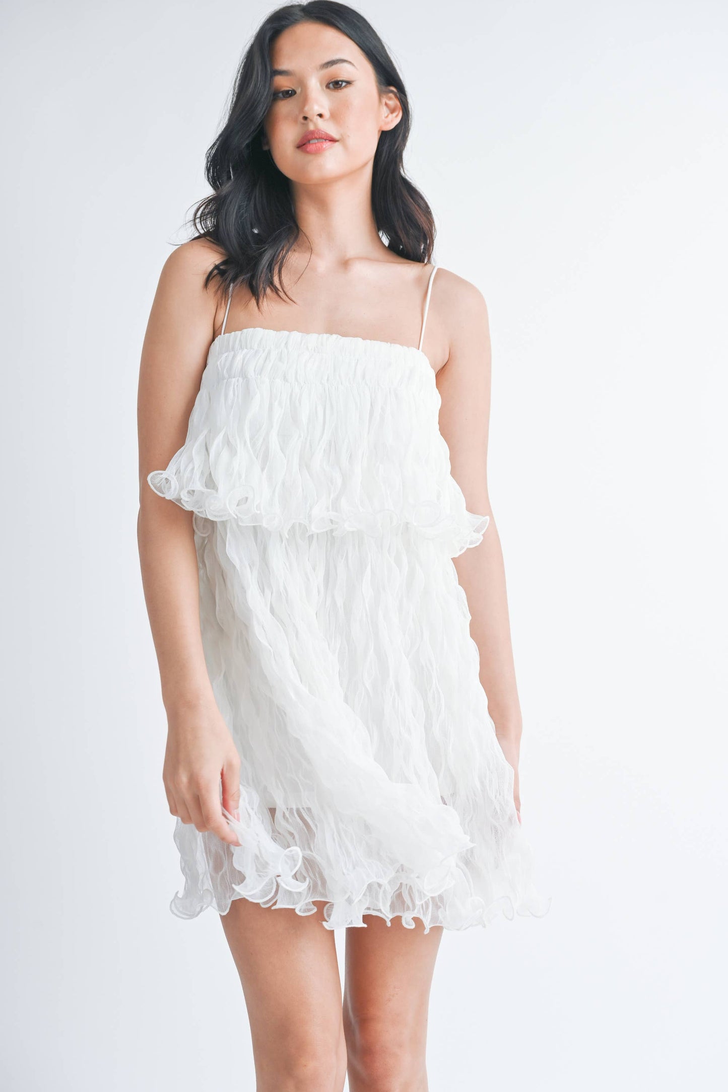 PLEATED TULLE RUFFLED TIERED MINI DRESS
