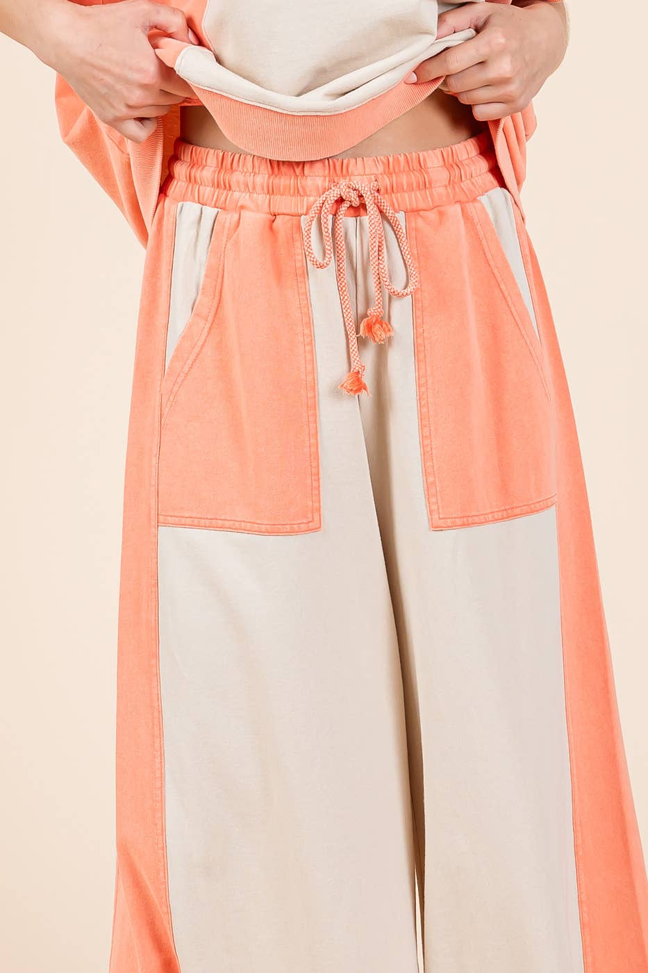 FRENCH TERRY WIDE LEG COLOR BLOCK PANTS