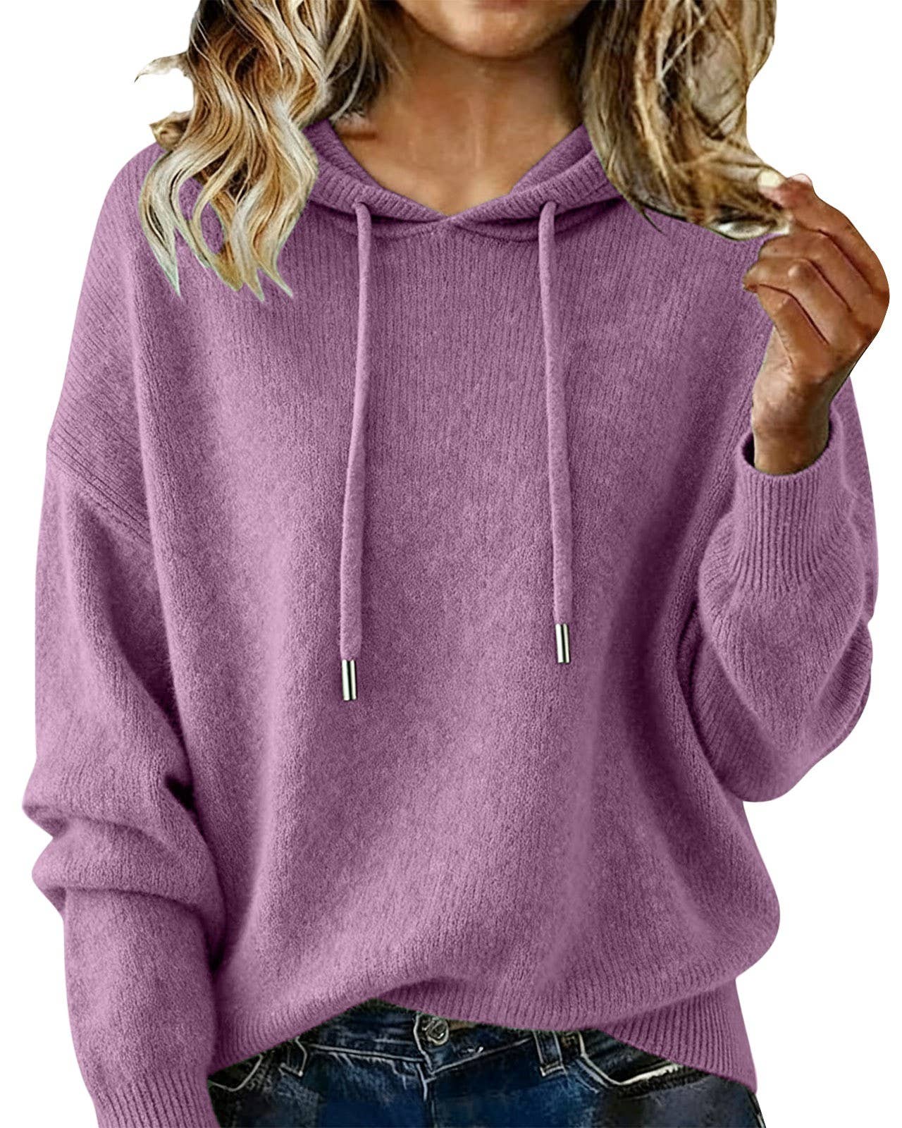 Cozy Solid Drawstring Hooded Knit Sweater