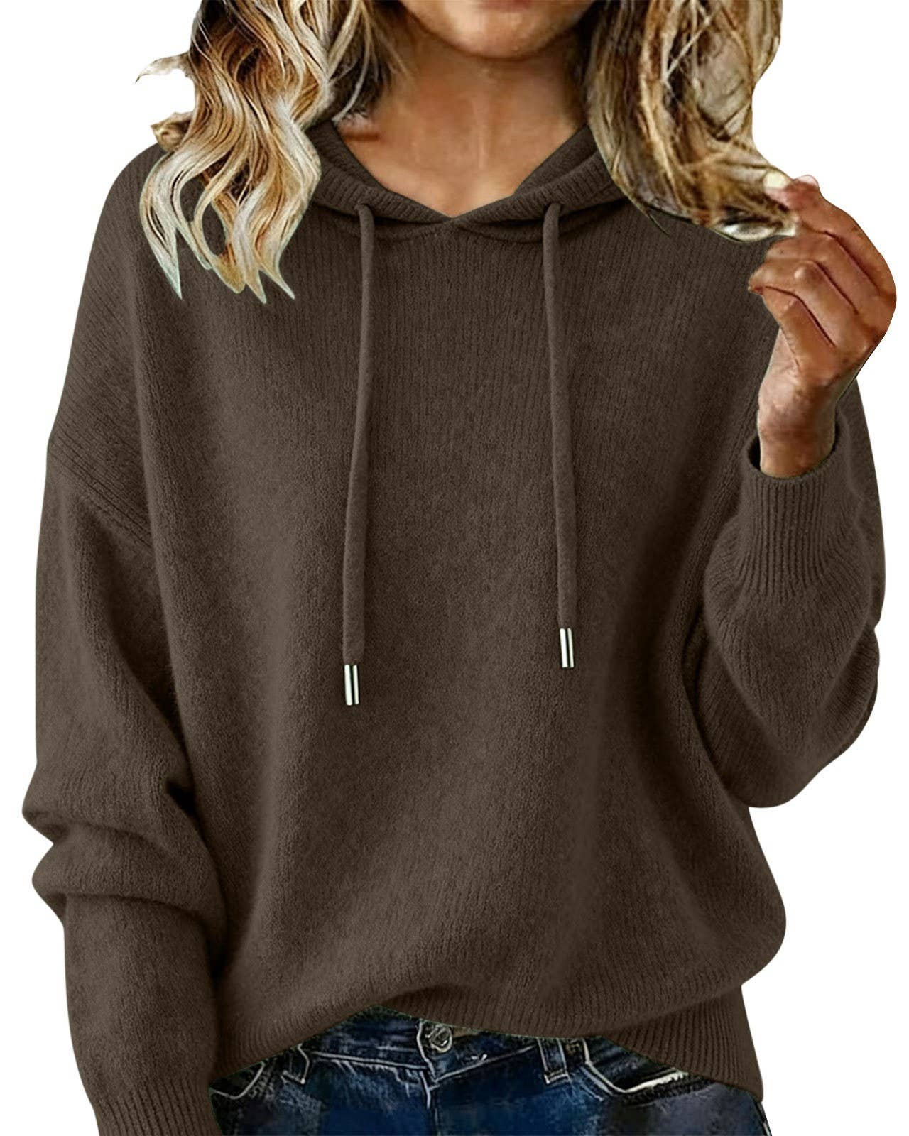 Cozy Solid Drawstring Hooded Knit Sweater