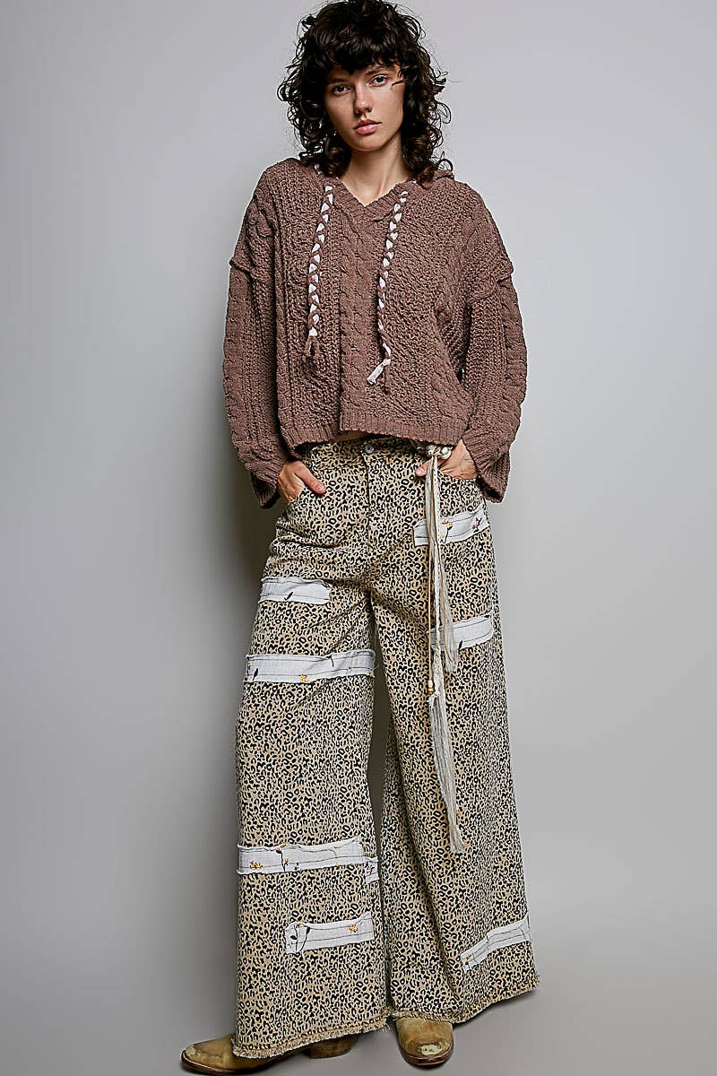 Oversized hooded cable knit chenille sweater