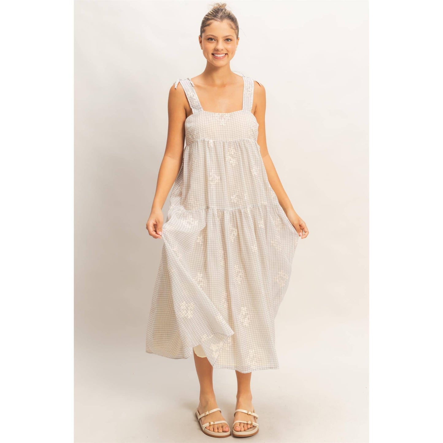 Tiered Gingham Dress With Embroidery