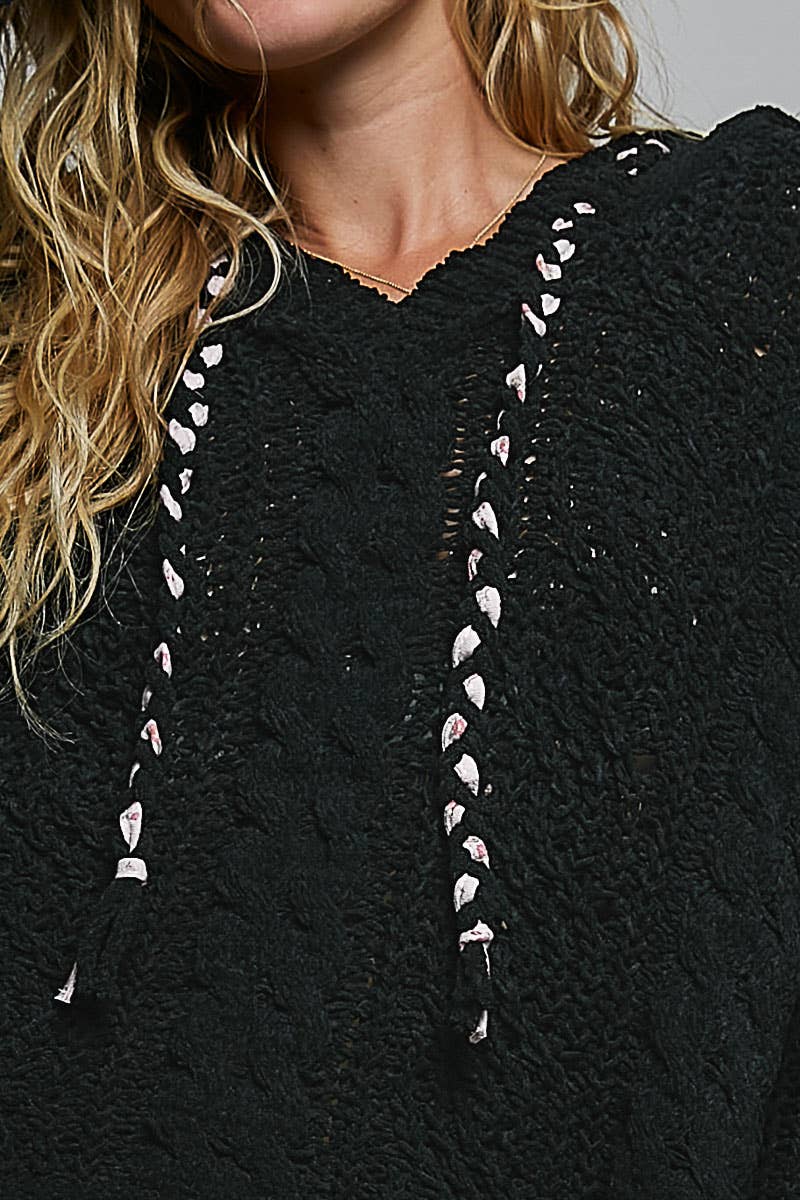 Oversized hooded cable knit chenille sweater