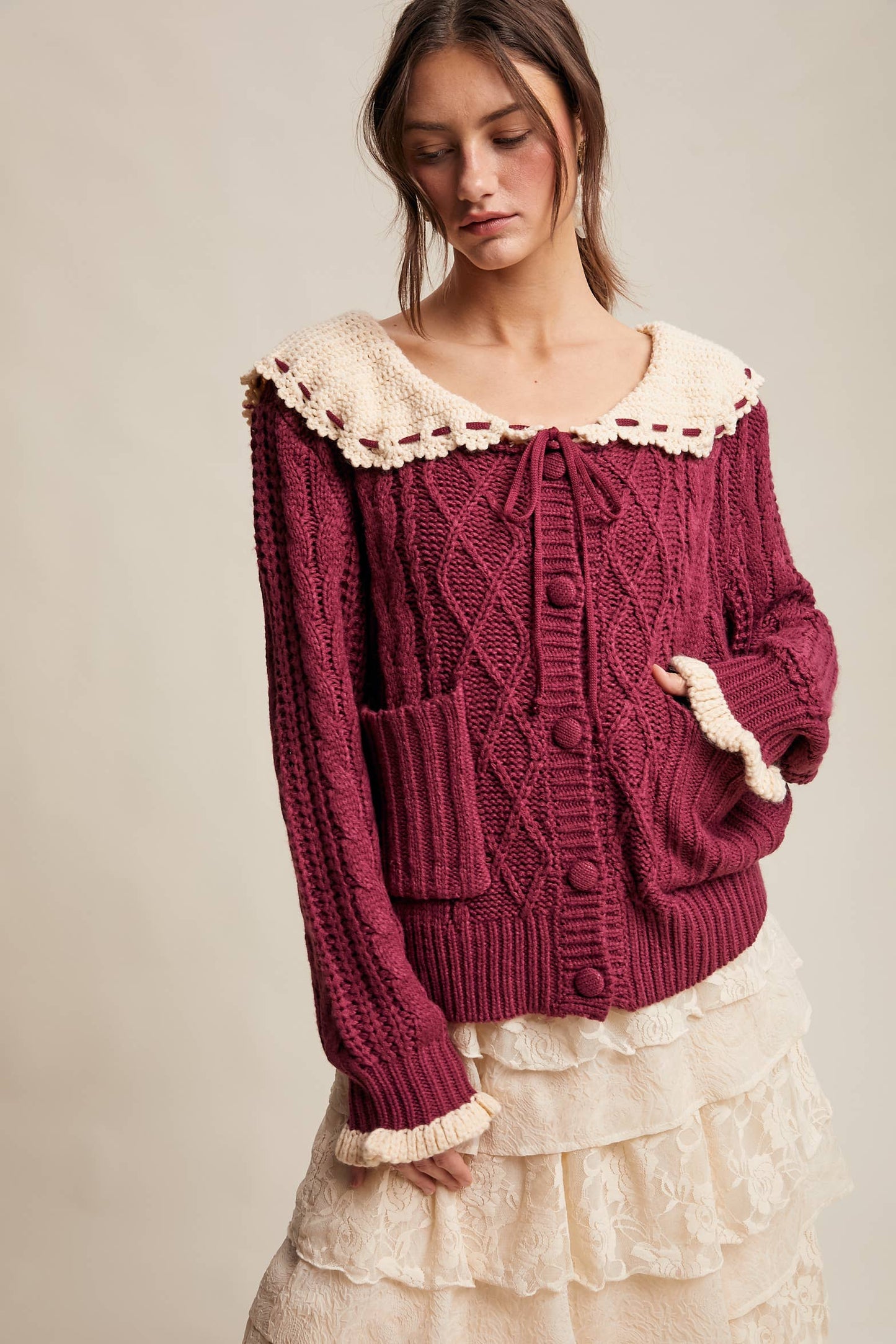 Two-Tone Crochet Collar Cable Knit Cardigan
